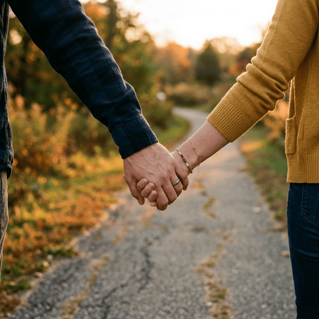Two people holding hands on an autumn path
